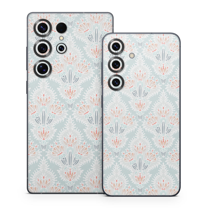 Samsung Galaxy S25 Series Skin design of Pattern, Aqua, Line, Design, Textile, Wrapping paper, Pedicel, Dahlia, Visual arts, with blue, red, white colors