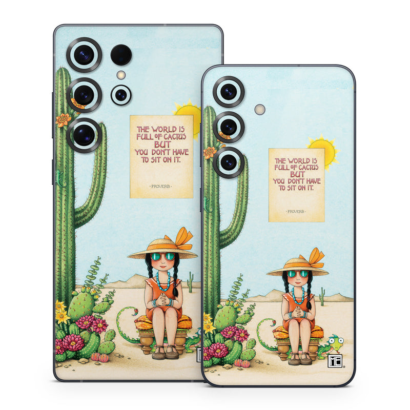 Samsung Galaxy S25 Series Skin design of Cartoon, Cactus, Illustration, Animated cartoon, Plant, Vegetable, Fictional character, Art, with green, yellow, pink, orange, brown colors