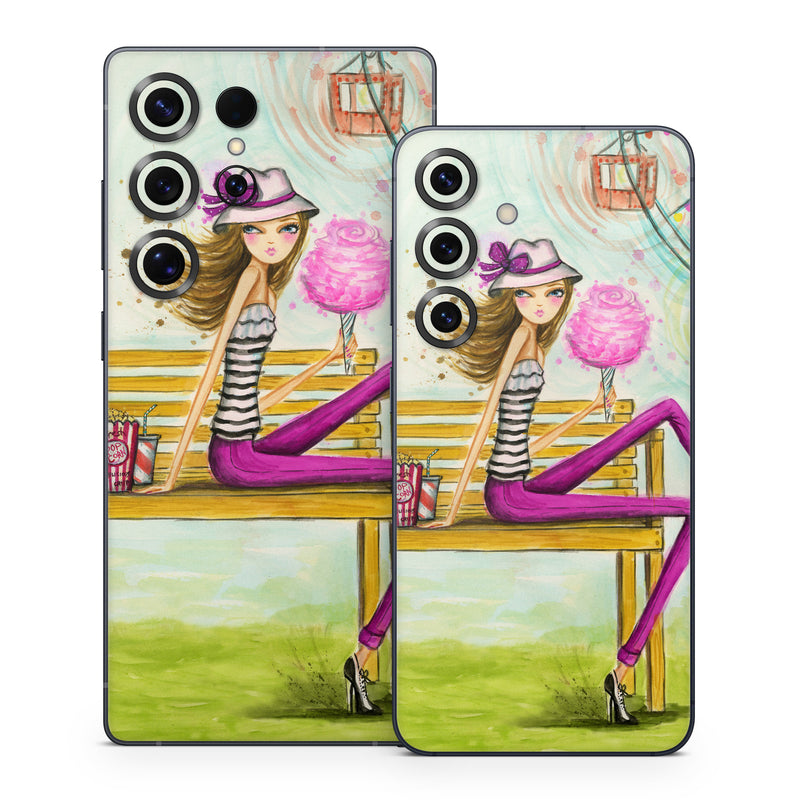 Samsung Galaxy S25 Series Skin design of Illustration, Fashion illustration, Art, Sitting, Watercolor paint, Plant, Graphic design, Style, Painting, with green, yellow, blue, pink, purple, black, white, orange colors