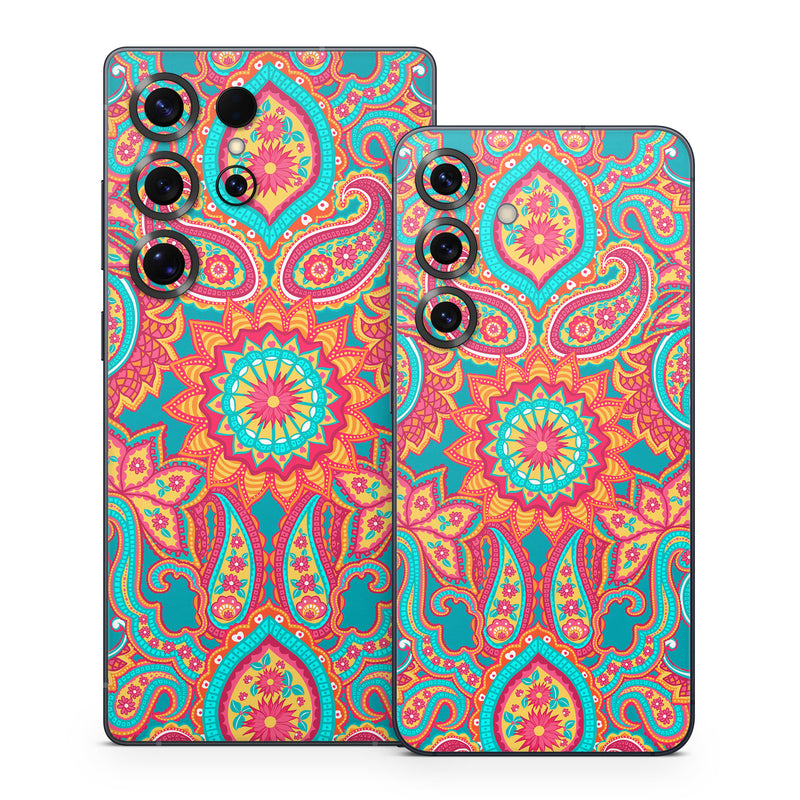 Samsung Galaxy S25 Series Skin design of Pattern, Paisley, Motif, Visual arts, Design, Art, Textile, Psychedelic art, with orange, yellow, blue, red colors
