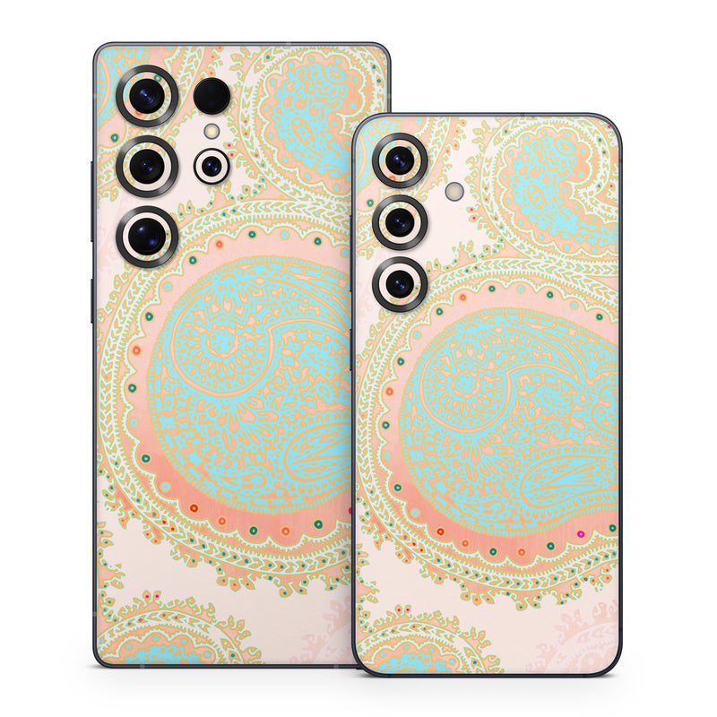Samsung Galaxy S25 Series Skin design of Pattern, Visual arts, Paisley, Pink, Design, Motif, Line, Wallpaper, Peach, with pink, blue, red colors