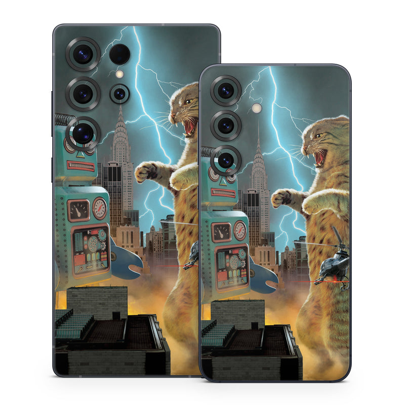 Samsung Galaxy S25 Series Skin design of Lightning, Felidae, Carnivore, Art, Whiskers, Big cats, Cg artwork, Terrestrial animal, Small to medium-sized cats, Thunder, with black, blue, red, yellow, white, brown, gray, orange colors