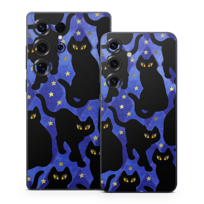 Samsung Galaxy S25 Series Skin design of Black cat, Black, Cat, Small to medium-sized cats, Pattern, Felidae, Design, Electric blue, Illustration, Art, with black, blue, purple, yellow colors