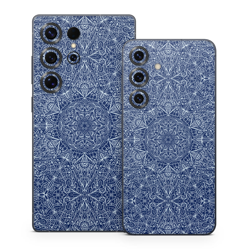 Samsung Galaxy S25 Series Skin design of Blue, Pattern, Azure, Cobalt blue, Design, Textile, Electric blue, Wallpaper, Symmetry, with blue, white colors