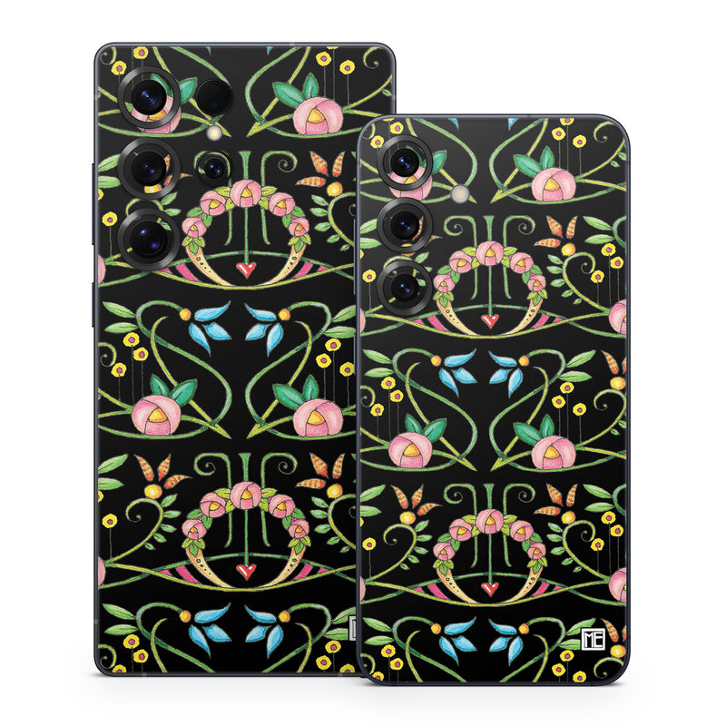 Samsung Galaxy S25 Series Skin design of Flower, Rectangle, Textile, Ornament, Plant, Line, Motif, Creative arts, Art, Pattern, with black, pink, blue, green, yellow colors