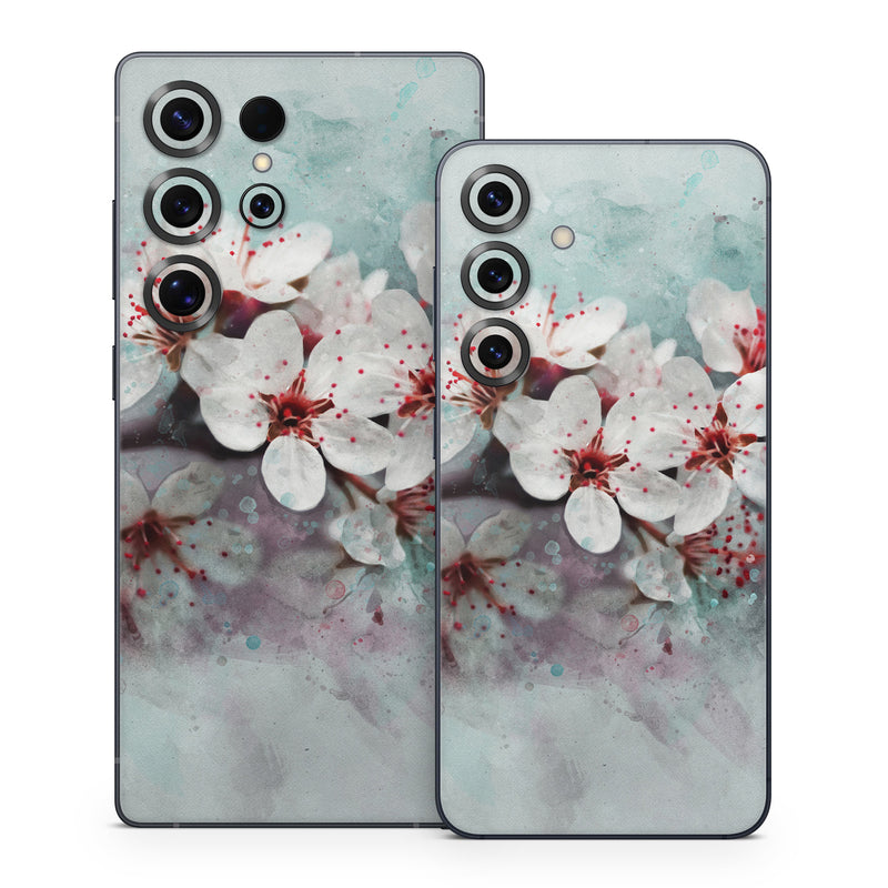 Samsung Galaxy S25 Series Skin design of Blossom, Flower, Cherry blossom, Watercolor paint, Plant, Spring, Pink, Petal, Branch, Painting, with white, gray, red, pink, purple, blue colors