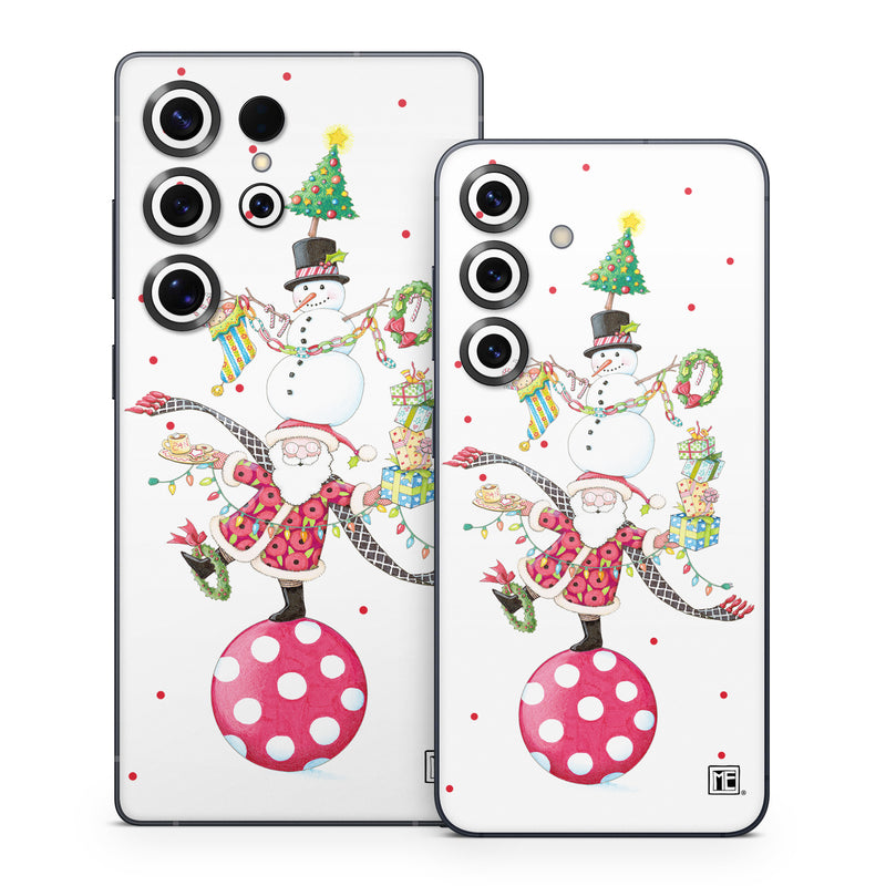 Samsung Galaxy S25 Series Skin design of Snowman, Holiday ornament, Christmas ornament, Creative arts, Christmas decoration, Ornament, Pattern, Event, Art, Circle, with white, red, yellow, green, orange, black, blue colors
