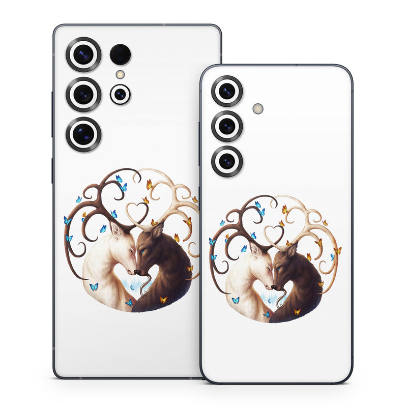 Samsung Galaxy S25 Series Skin design of Gesture, Fawn, Serveware, Horn, Font, Art, Mythical creature, Dishware, Tail, Drinkware, with white, brown, blue, yellow, orange colors