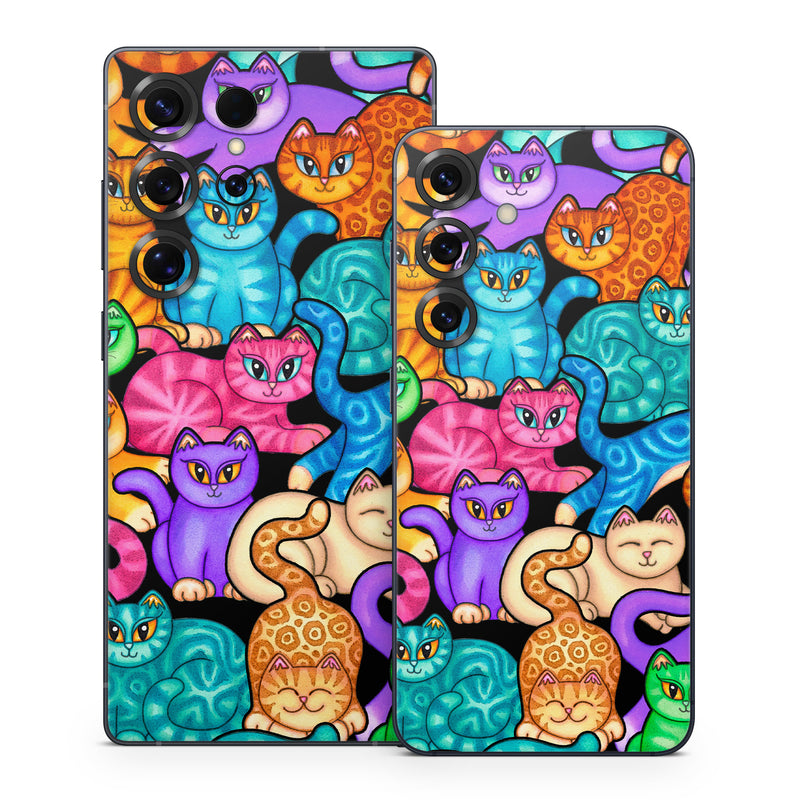 Samsung Galaxy S25 Series Skin design of Cat, Cartoon, Felidae, Organism, Small to medium-sized cats, Illustration, Animated cartoon, Wildlife, Kitten, Art, with black, blue, red, purple, green, brown colors