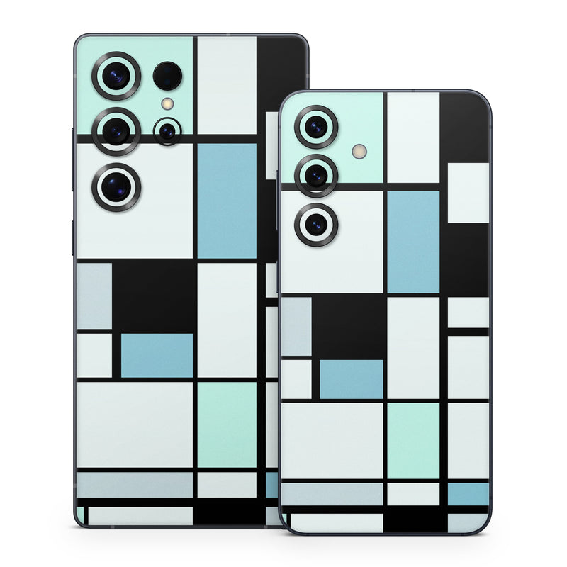 Samsung Galaxy S25 Series Skin design of Blue, Line, Turquoise, Pattern, Rectangle, Design, Parallel, Square, Symmetry, Tints and shades, with black, blue, green colors