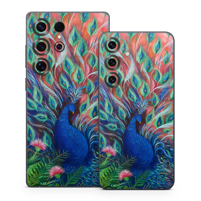 Samsung Galaxy S25 Series Skin design of Painting, Acrylic paint, Bird, Child art, Art, Galliformes, Peafowl, Visual arts, Watercolor paint, Plant, with black, red, gray, blue, green colors