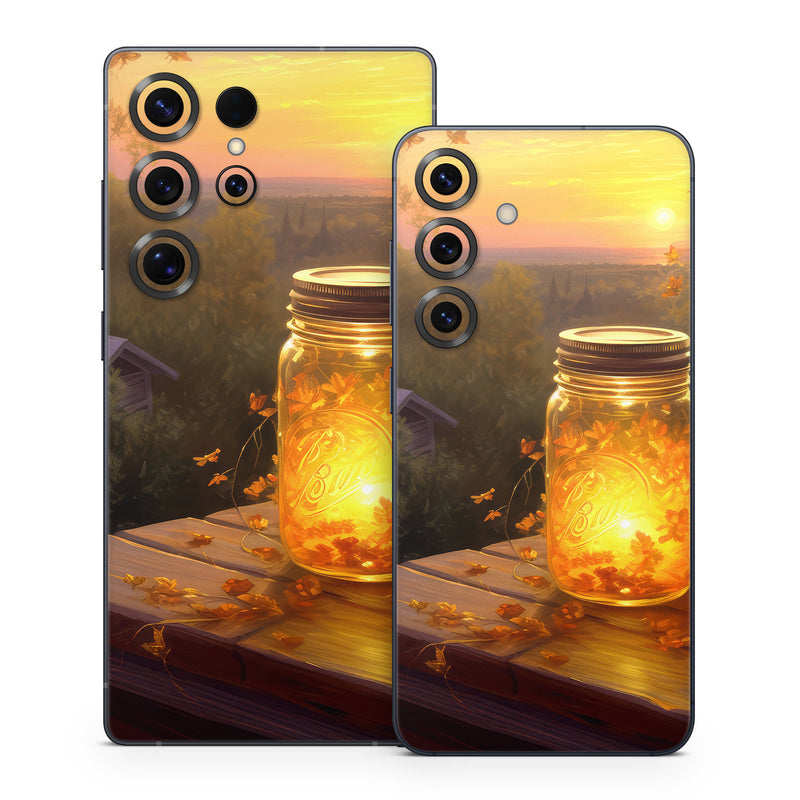 Samsung Galaxy S25 Series Skin design of Sky, Plant, Amber, Candle, Wood, Orange, Sunlight, Cloud, Sunset, Heat, with yellow, orange, black, green, gray, red colors