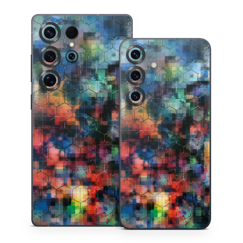 Samsung Galaxy S25 Series Skin design of Blue, Colorfulness, Pattern, Psychedelic art, Art, Sky, Design, Textile, Dye, Modern art, with black, blue, red, gray, green colors