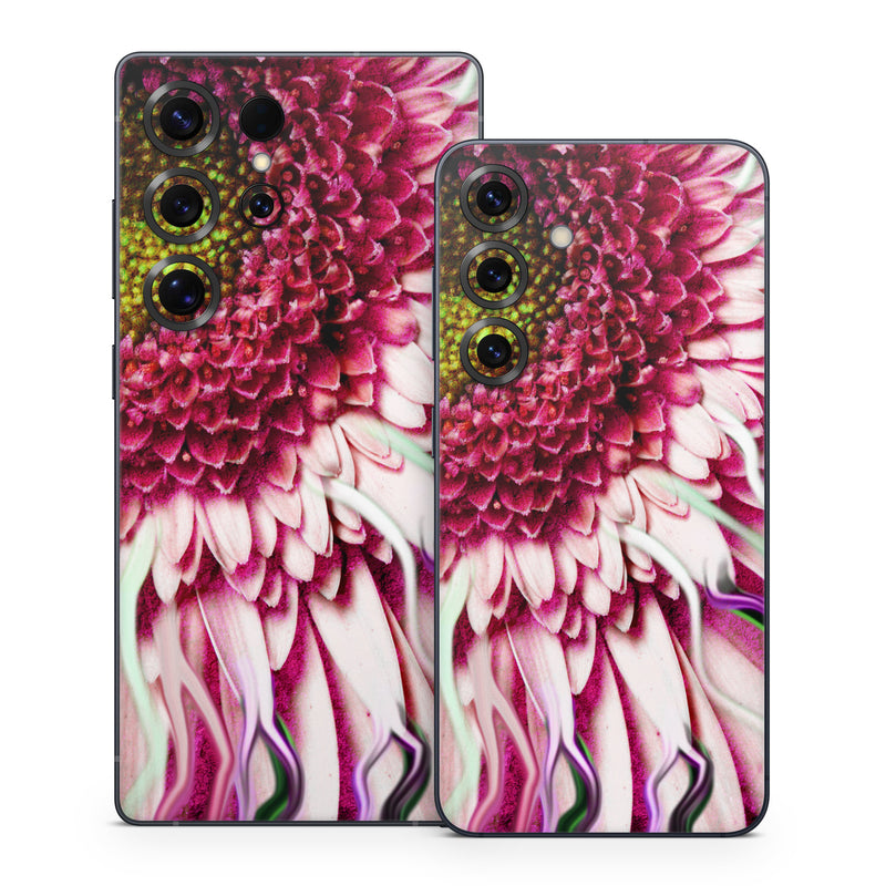 Samsung Galaxy S25 Series Skin design of Flowering plant, Flower, Petal, Plant, Purple, Pink, Gazania, Violet, Gerbera, Chrysanths, with black, gray, red, purple, pink, white colors