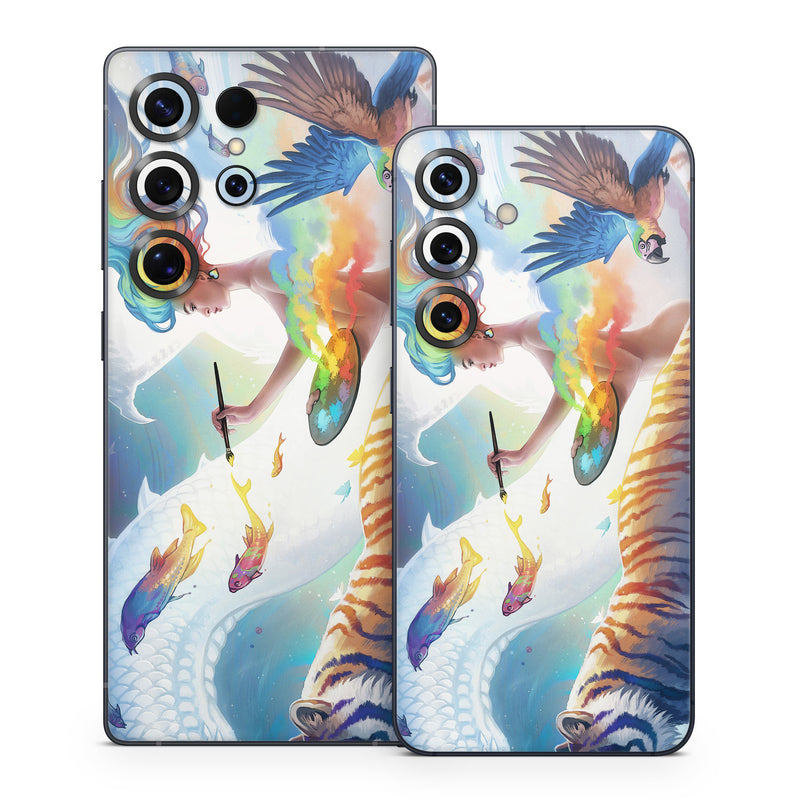 Samsung Galaxy S25 Series Skin design of Siberian tiger, Bengal tiger, Vertebrate, Tiger, Felidae, Mammal, Water, Carnivore, Art, Painting, with blue, red, yellow, orange, green, purple, black, white colors