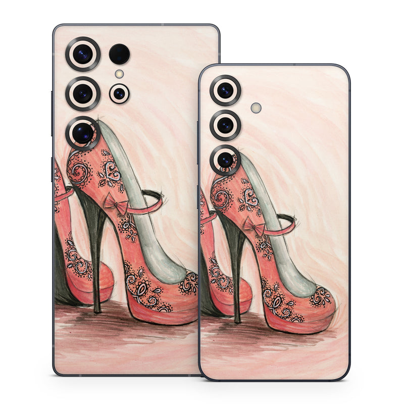 Samsung Galaxy S25 Series Skin design of Footwear, High heels, Shoe, Pink, Court shoe, Illustration, Leg, Basic pump, Peach, Painting, with pink, gray, red, white, black, green colors