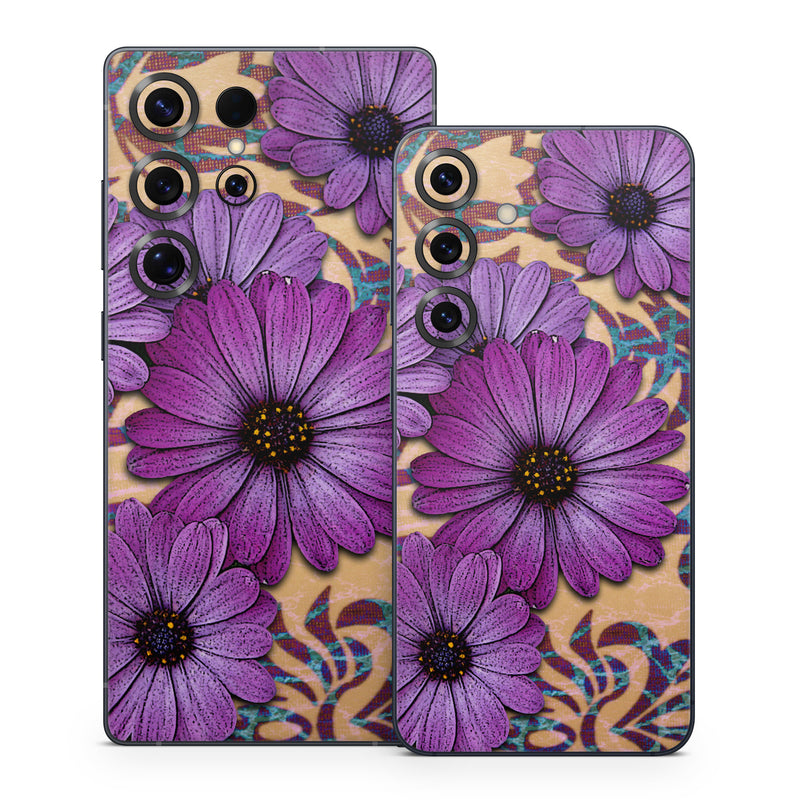 Samsung Galaxy S25 Series Skin design of Purple, Flower, Violet, Petal, Plant, african daisy, Floral design, Wildflower, Pattern, Textile, with purple, black, gray, blue, green, red colors