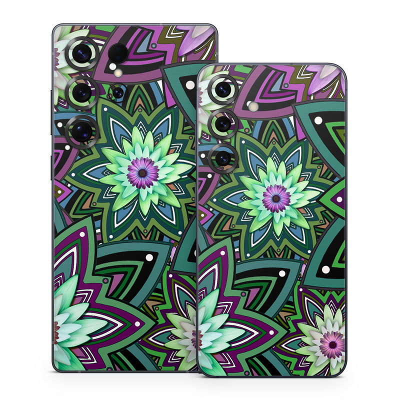 Samsung Galaxy S25 Series Skin design of Pattern, Purple, Green, Flower, Psychedelic art, Design, Lilac, Plant, Symmetry, Visual arts, with black, gray, green, purple, blue, red colors