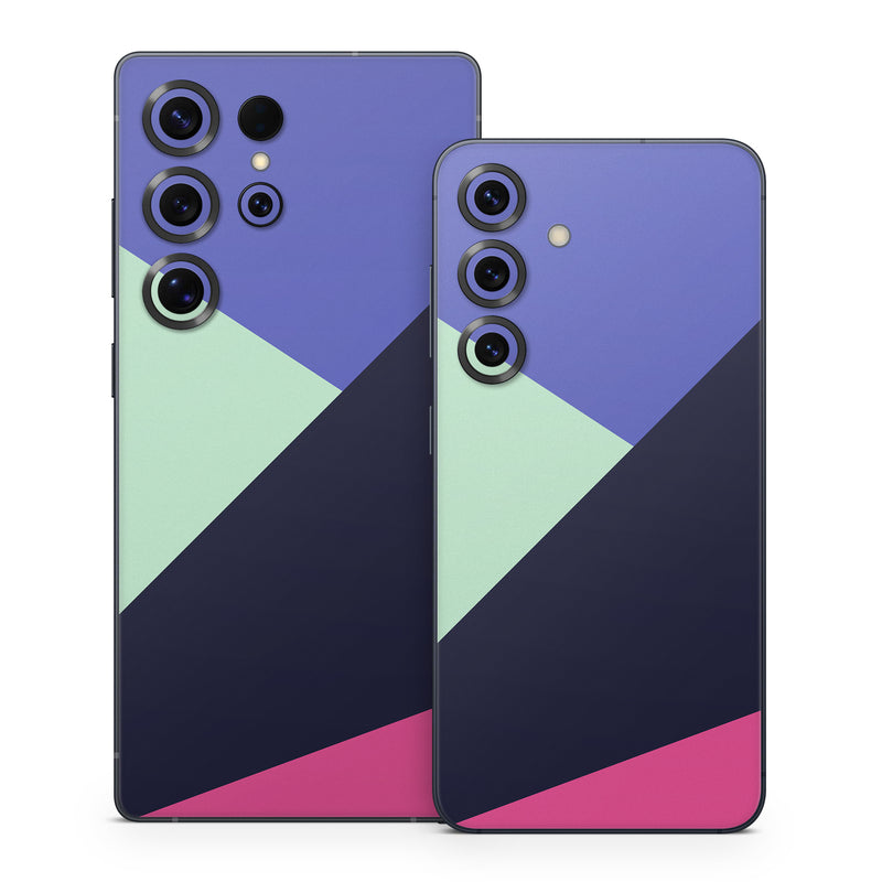 Samsung Galaxy S25 Series Skin design of Purple, Violet, Line, Magenta, Graphic design, Triangle, Pattern, Design, Material property, Font, with black, blue, green, pink colors