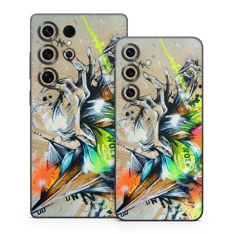 Samsung Galaxy S25 Series Skin design of Graphic design, Art, Illustration, Fictional character, Visual arts, Graphics, Painting, Watercolor paint, Modern art, Games, with gray, black, green, red, orange, pink colors