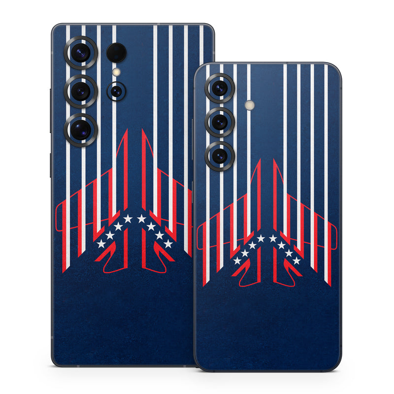 Samsung Galaxy S25 Series Skin design of Sleeve, Font, Motor vehicle, T-shirt, Emblem, Poster, Electric blue, Symmetry, Symbol, Pattern, with blue, red, white colors