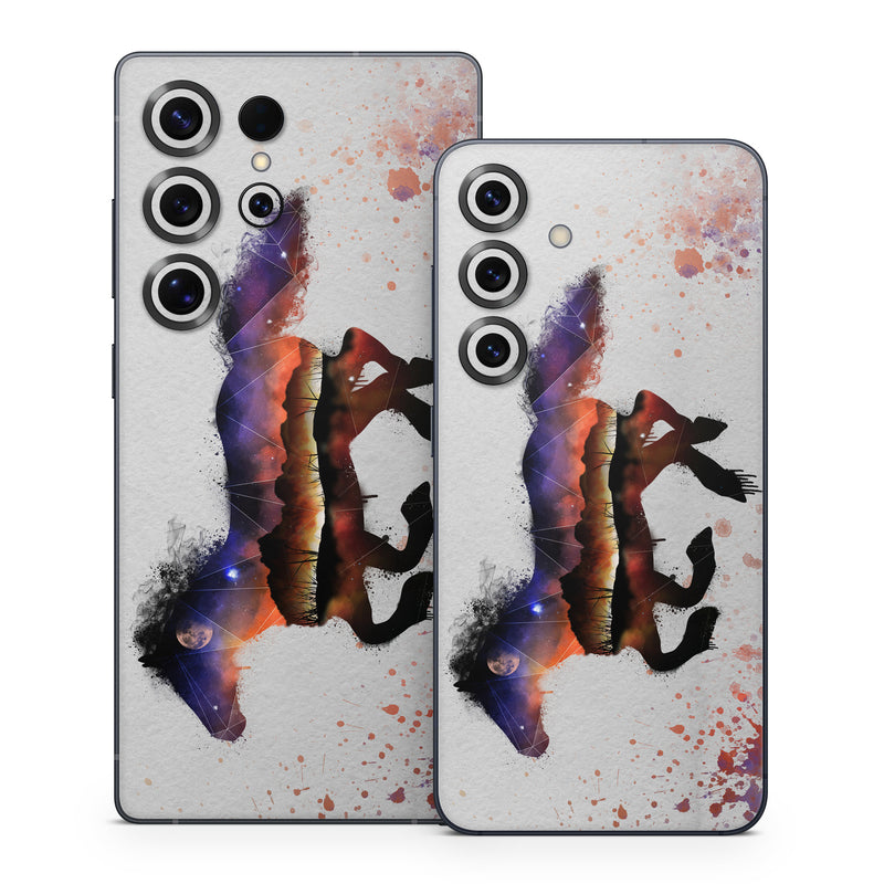 Samsung Galaxy S25 Series Skin design of Watercolor paint, Illustration, Art, Horse, Paint, Drawing, Graphic design, Painting, Visual arts, Mustang horse, with gray, white, purple, red, yellow, black, orange colors