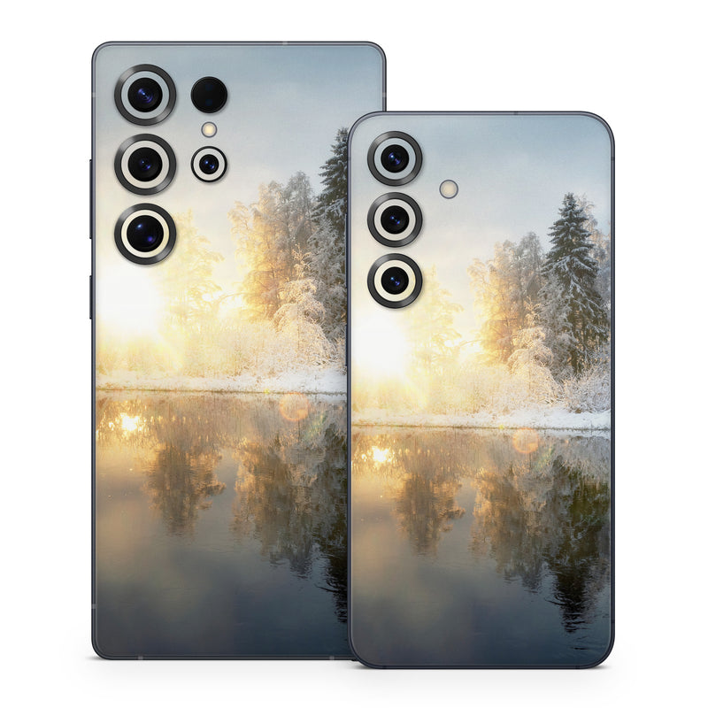 Samsung Galaxy S25 Series Skin design of Cloud, Water, Sky, Water resources, Atmosphere, Plant, Natural landscape, Branch, Tree, Freezing, with blue, black, yellow, orange, white colors