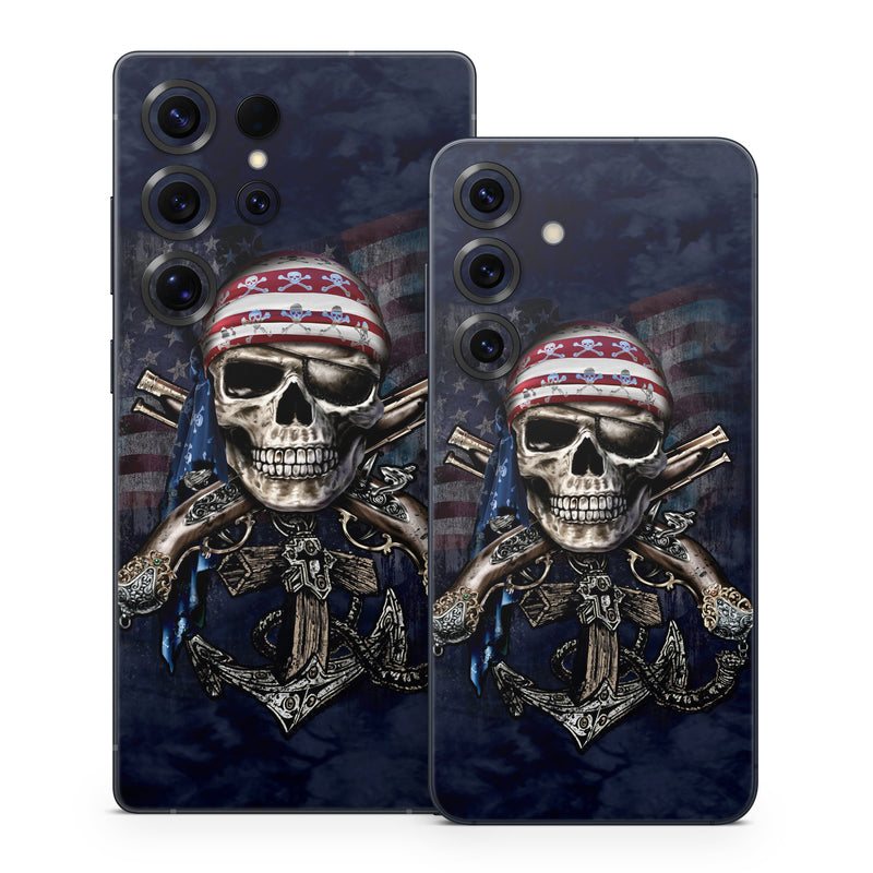Samsung Galaxy S25 Series Skin design of Skull, Bone, Skeleton, Illustration, Outerwear, T-shirt, Flag, Art, with black, gray, red colors