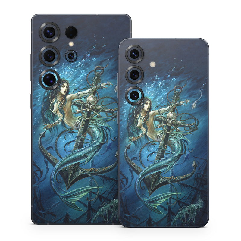 Samsung Galaxy S25 Series Skin design of Mermaid, Cg artwork, Illustration, Fictional character, Art, Mythology, Mythical creature, Graphic design, with blue, green, white, black colors