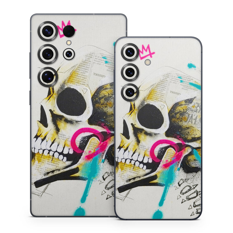 Samsung Galaxy S25 Series Skin design of Graphic design, Skull, Illustration, Art, Bone, Drawing, Visual arts, Font, Modern art, Street art, with blue, pink, yellow, black colors