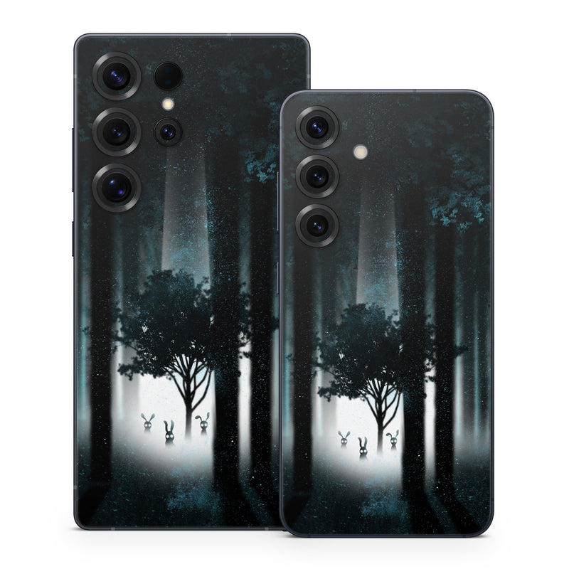 Samsung Galaxy S25 Series Skin design of Darkness, Black, Nature, Tree, Natural environment, Forest, Atmosphere, Atmospheric phenomenon, Light, Natural landscape, with black, blue, white colors