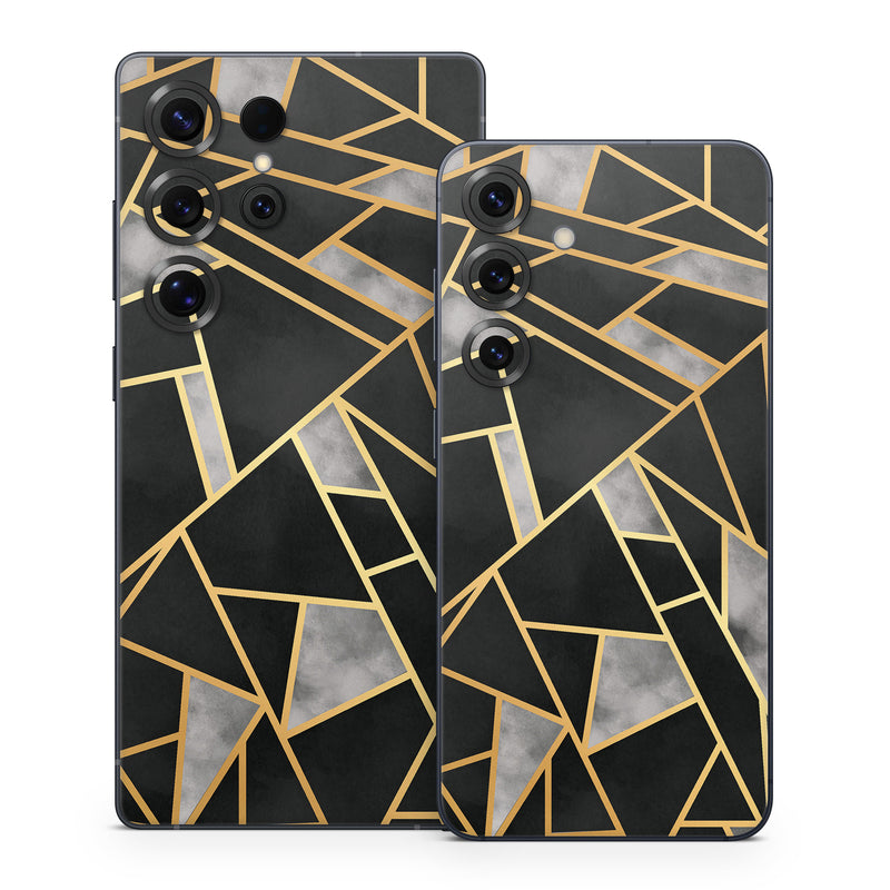 Samsung Galaxy S25 Series Skin design of Pattern, Triangle, Yellow, Line, Tile, Floor, Design, Symmetry, Architecture, Flooring, with black, gray, yellow colors
