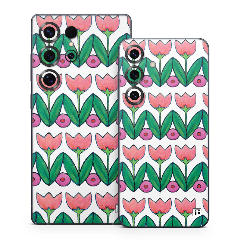 Samsung Galaxy S25 Series Skin design of Green, Rectangle, Textile, Botany, Line, Symmetry, Art, Font, Pattern, Magenta, with white, green, pink, purple colors