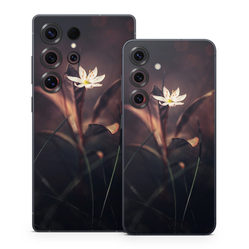 Samsung Galaxy S25 Series Skin design of Flower, Yellow, Light, Plant, Sky, Still life photography, Wildflower, Petal, Darkness, Spring, with black, red colors