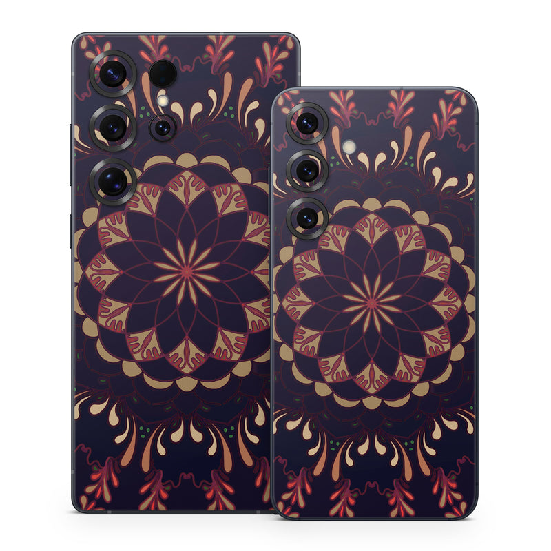 Samsung Galaxy S25 Series Skin design of Pattern, Brown, Red, Symmetry, Textile, Design, Visual arts, Tapestry, Kaleidoscope, with black, red, orange, yellow, brown colors