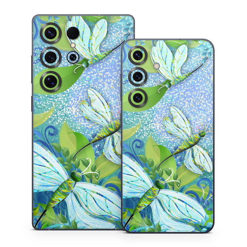 Samsung Galaxy S25 Series Skin design of Green, Blue, Leaf, Plant, Pattern, Tree, Design, Organism, Branch, Flower, with gray, blue, green, purple colors