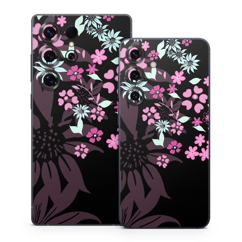 Samsung Galaxy S25 Series Skin design of Pink, Pattern, Flower, Plant, Botany, Petal, Floral design, Design, Pedicel, Graphic design, with black, gray, purple, green, red, pink colors