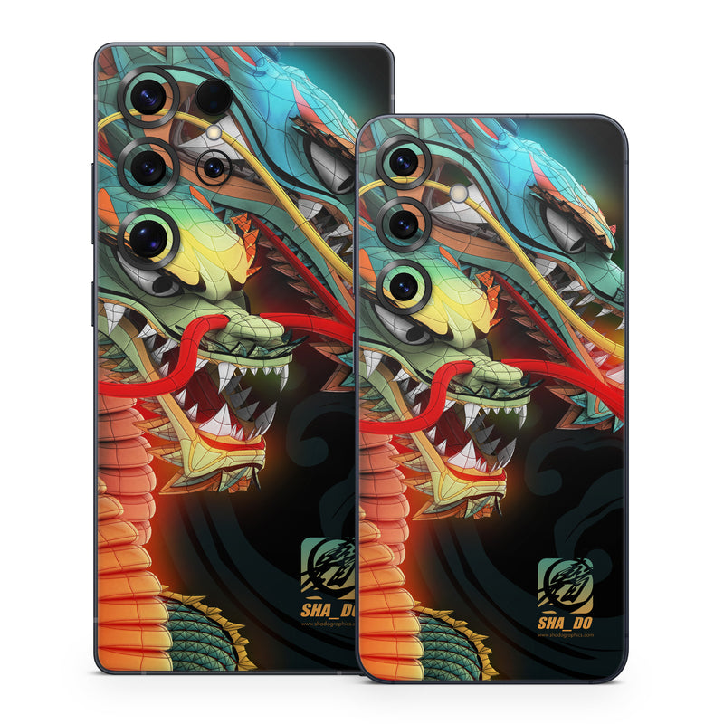 Samsung Galaxy S25 Series Skin design of Dragon, Fictional character, Illustration, Art, Cg artwork, Fiction, Mythical creature, Graphics, with black, green, red, yellow, orange colors