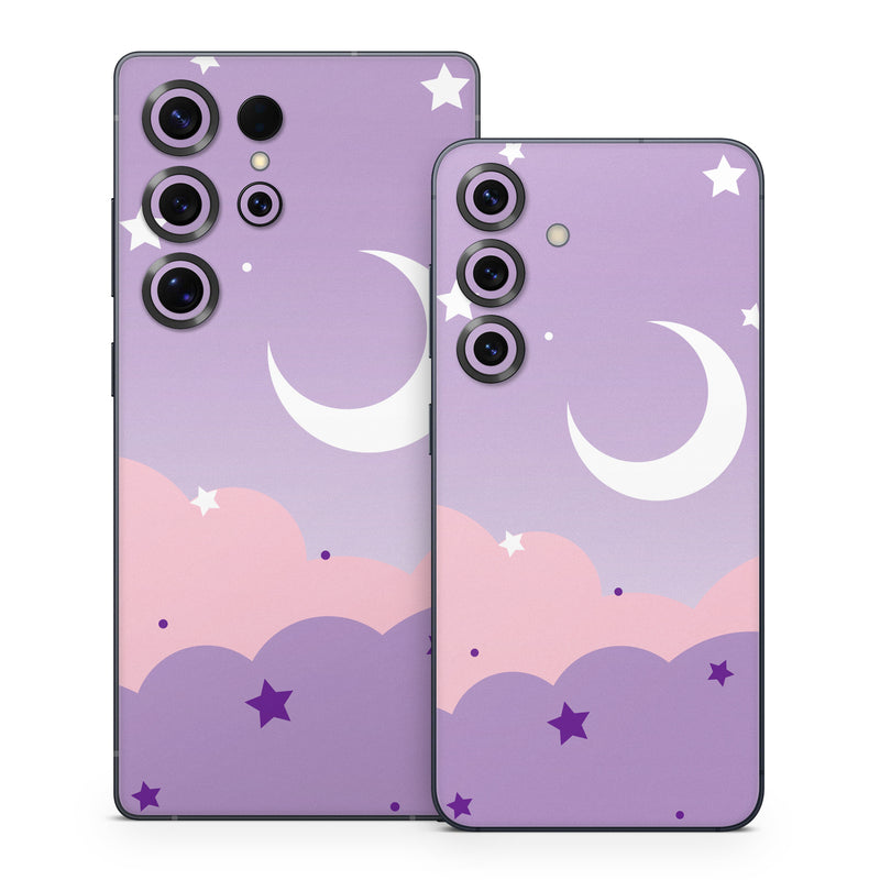Samsung Galaxy S25 Series Skin design of Astronomical object, Pink, Star, Purple, Crescent, Moon, Graphics, Animation, Wallpaper, Graphic design, with purple, white colors