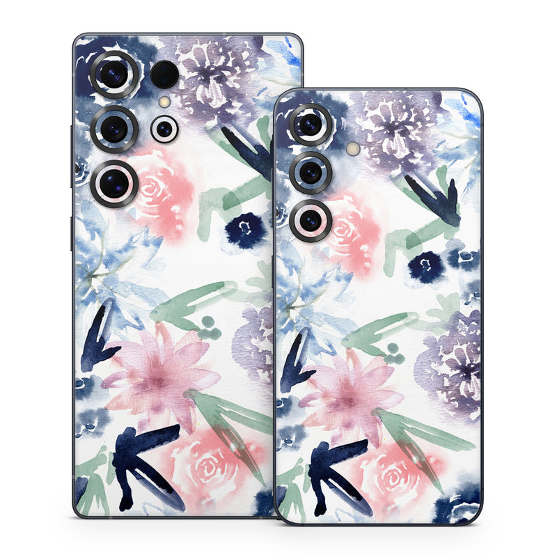 Samsung Galaxy S25 Series Skin design of Pattern, Graphic design, Design, Floral design, Plant, Flower, Illustration, with white, blue, purple, green, pink colors