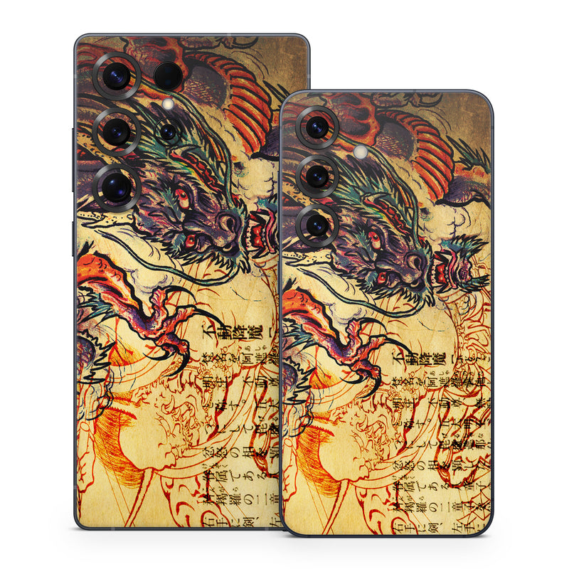 Samsung Galaxy S25 Series Skin design of Illustration, Fictional character, Art, Demon, Drawing, Visual arts, Dragon, Supernatural creature, Mythical creature, Mythology, with black, green, red, gray, pink, orange colors