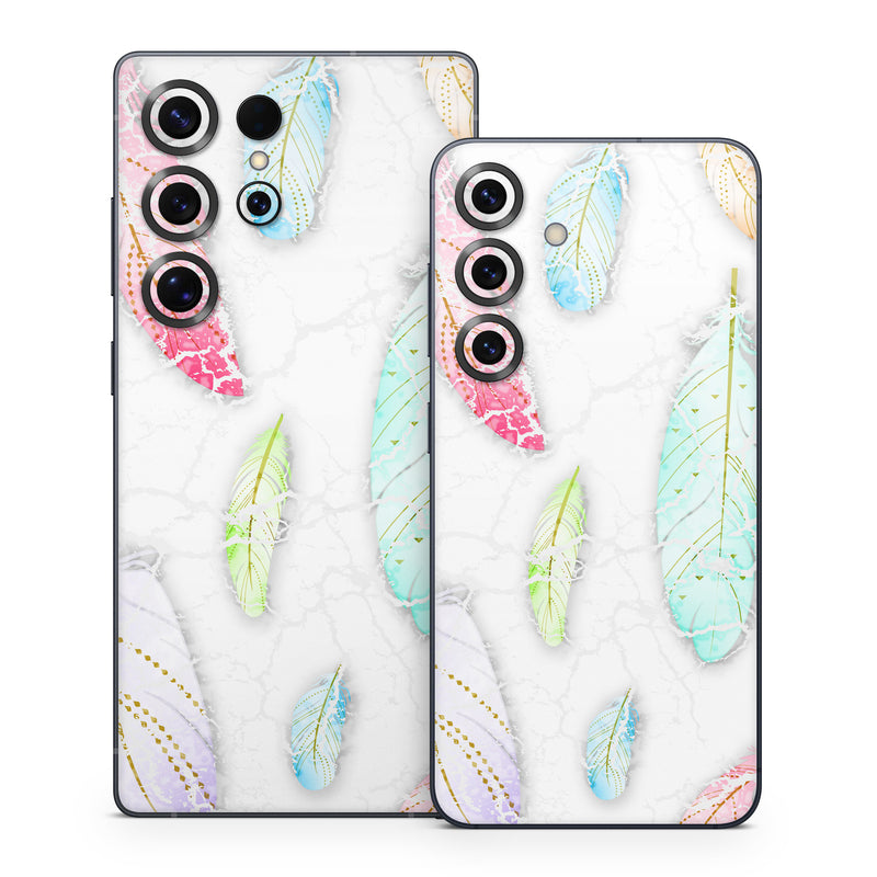 Samsung Galaxy S25 Series Skin design of Feather, Fashion accessory, Jewellery, with red, blue, green, purple, white, brown colors