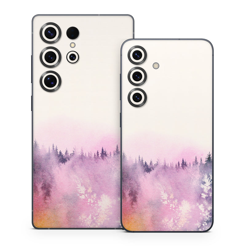 Samsung Galaxy S25 Series Skin design of Watercolor paint, Sky, Atmospheric phenomenon, Tree, Atmosphere, Cloud, Landscape, Forest, Painting, Illustration, with white, yellow, pink, purple, blue, black colors
