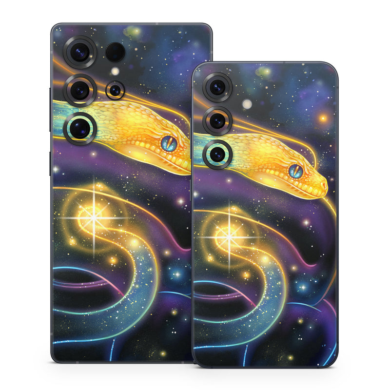 Samsung Galaxy S25 Series Skin design of Atmosphere, Light, Organism, Art, Font, Astronomical object, Galaxy, Star, Science, Nebula, with black, white, yellow, orange, green, purple colors