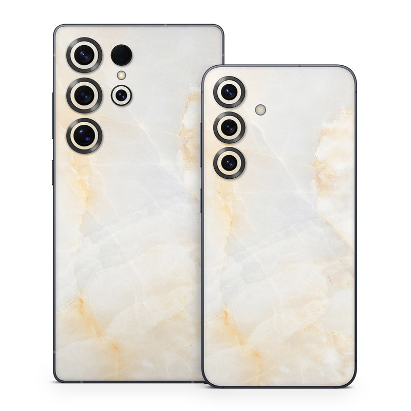 Samsung Galaxy S25 Series Skin design of White, Textile, Flooring, Marble, Paper, Pattern, Fashion accessory, Tile, with white, orange, black, yellow colors