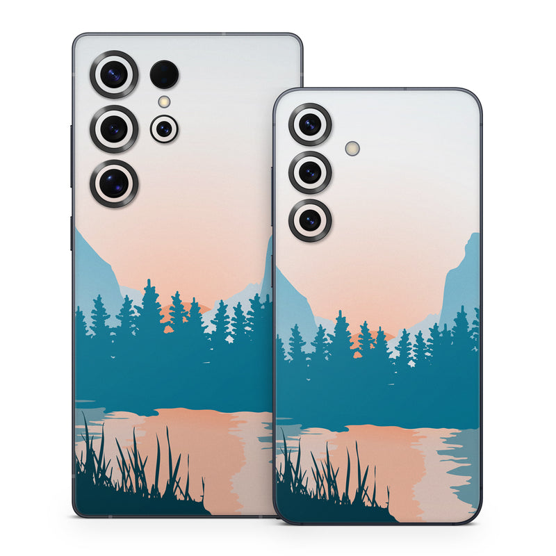 Samsung Galaxy S25 Series Skin design of Sky, Atmosphere, Mountain, Ecoregion, Plant, Natural landscape, Larch, Highland, Fog, Atmospheric phenomenon, with blue, yellow, orange, green colors
