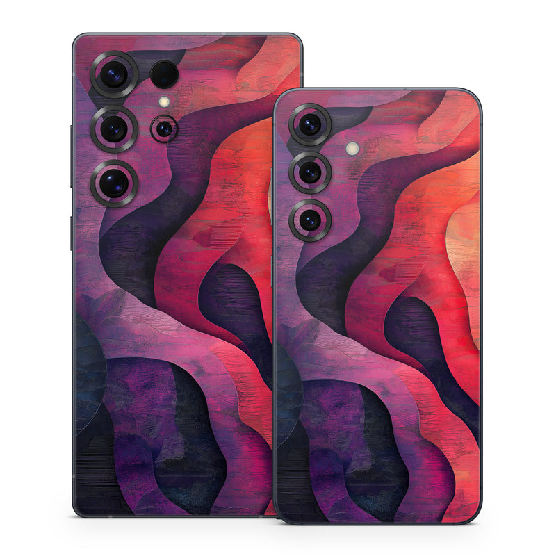 Samsung Galaxy S25 Series Skin design of Red, Orange, Art, Brown, Pink, Paint, Modern art, Graphics, Fractal art, Art Paint, with red, orange, yellow, purple, pink, black colors
