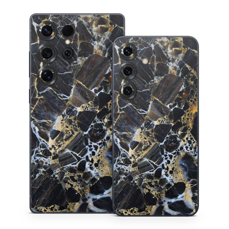 Samsung Galaxy S25 Series Skin design of Black, Yellow, Rock, Brown, Marble, Water, Close-up, Granite, Pattern, Geology, with black, white, orange, gray, yellow colors