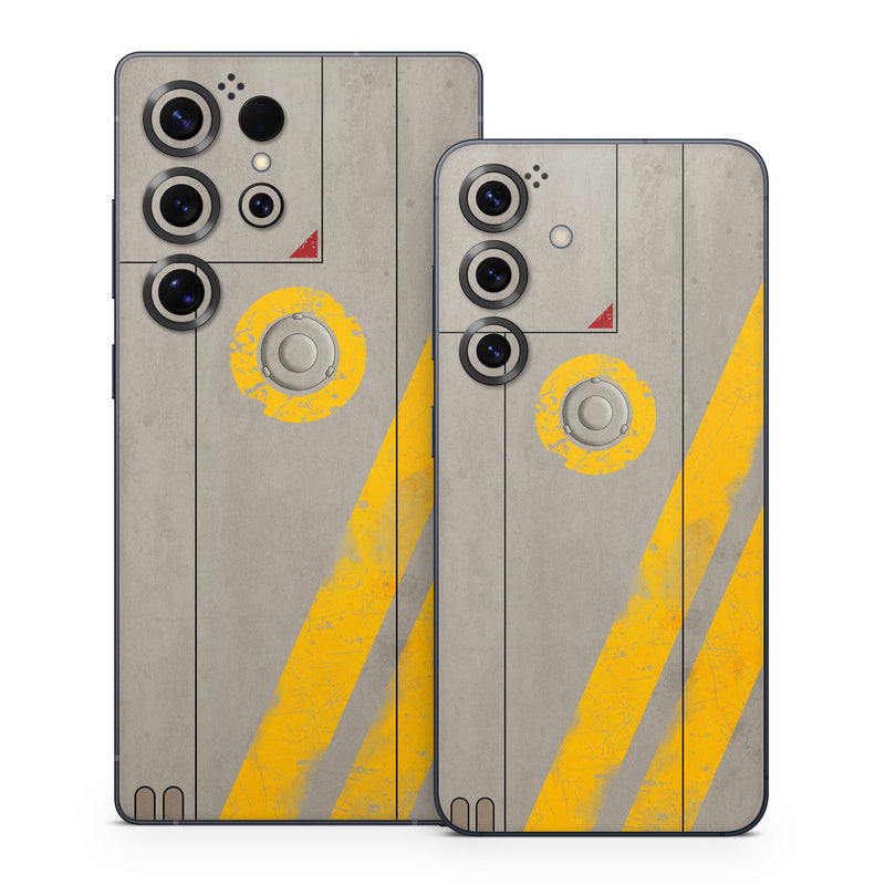 Samsung Galaxy S25 Series Skin design of Yellow, Wall, Line, Orange, Design, Concrete, Font, Architecture, Parallel, Wood, with gray, yellow, red, black colors