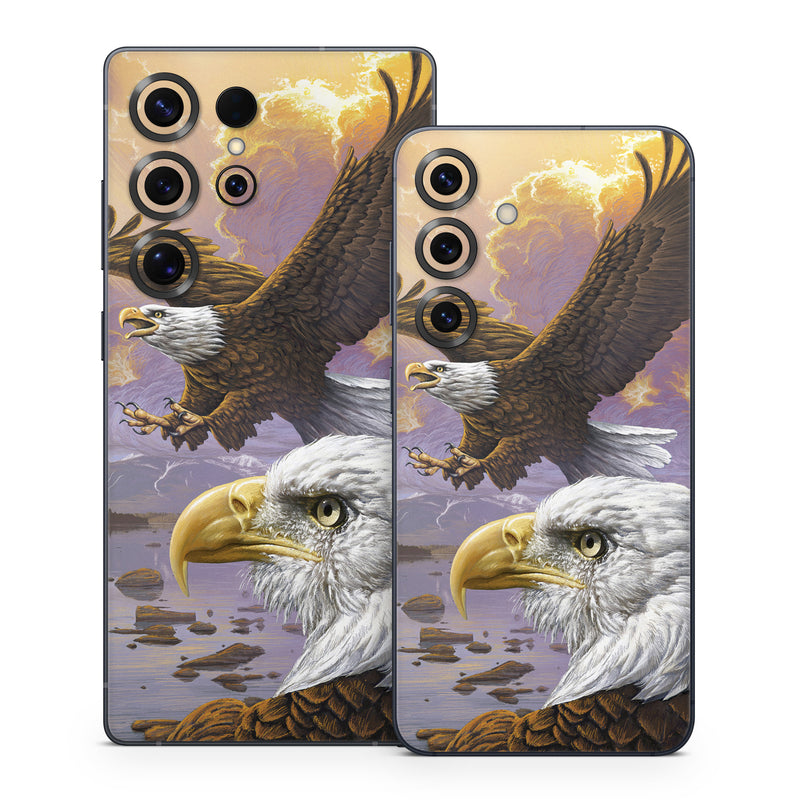 Samsung Galaxy S25 Series Skin design of Bird, Bird of prey, Bald eagle, Vertebrate, Eagle, Accipitriformes, Accipitridae, Golden eagle, Beak, Hawk, with gray, black, green, red, purple colors